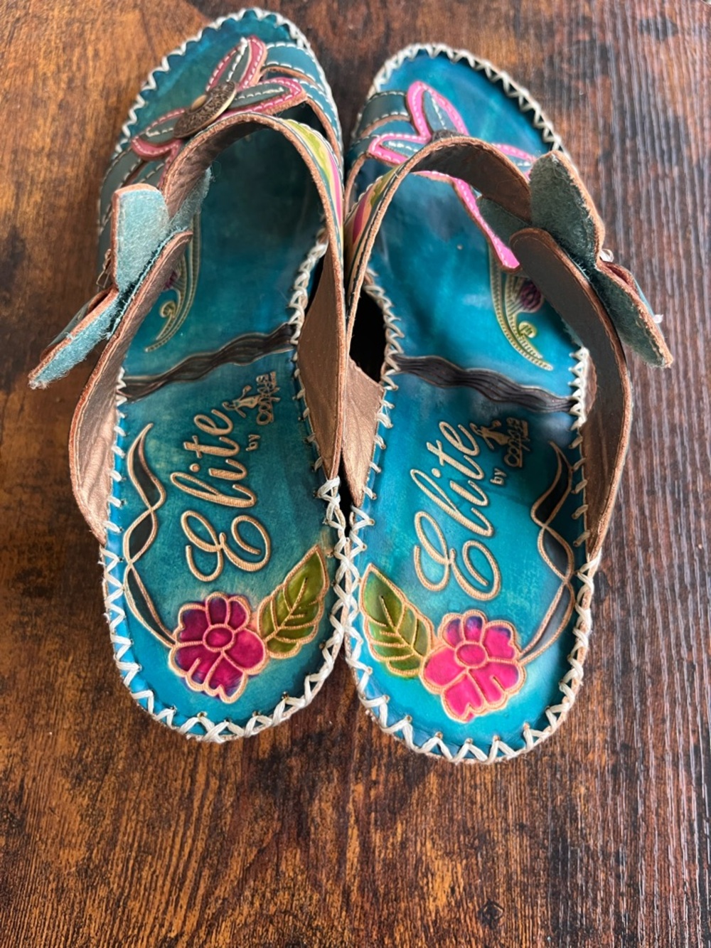Colorful Teal Sandals with Pink Floral Accents - Picture 2 of 16